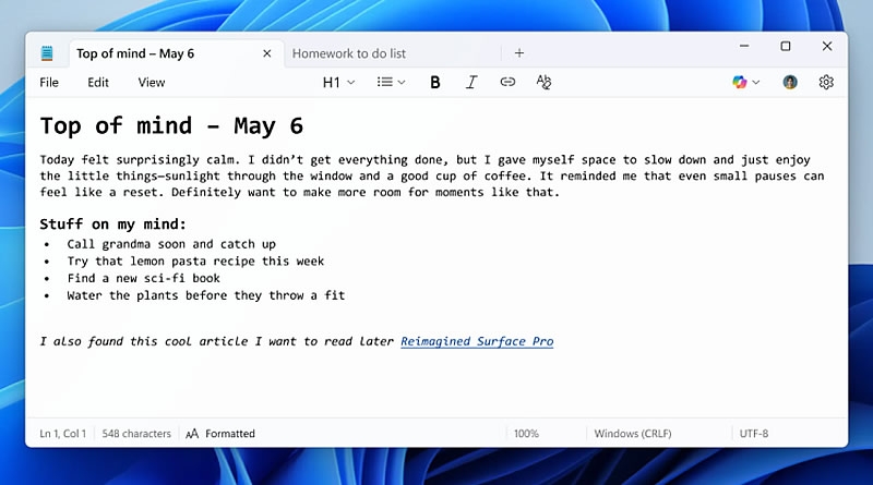 Microsoft добавила в «Блокнот» возможности форматирования текста почти как в Word